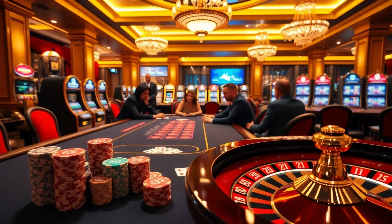 Players enjoying HB88 high-stakes poker game in an elegant casino setting.