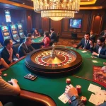 Casual gamblers enjoying a game of roulette in an upscale casino setting themed around PXJ.