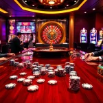 Engaging casino scene with players at 58WIN poker table and vibrant slot machines.