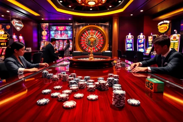 Engaging casino scene with players at 58WIN poker table and vibrant slot machines.