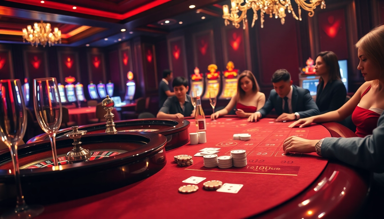 Exciting gameplay at nhà cái uk88's luxury casino with poker table and roulette wheel.