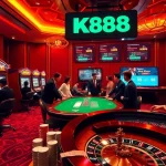 K88 online casino showcasing lively players engaging at poker tables and a roulette wheel.