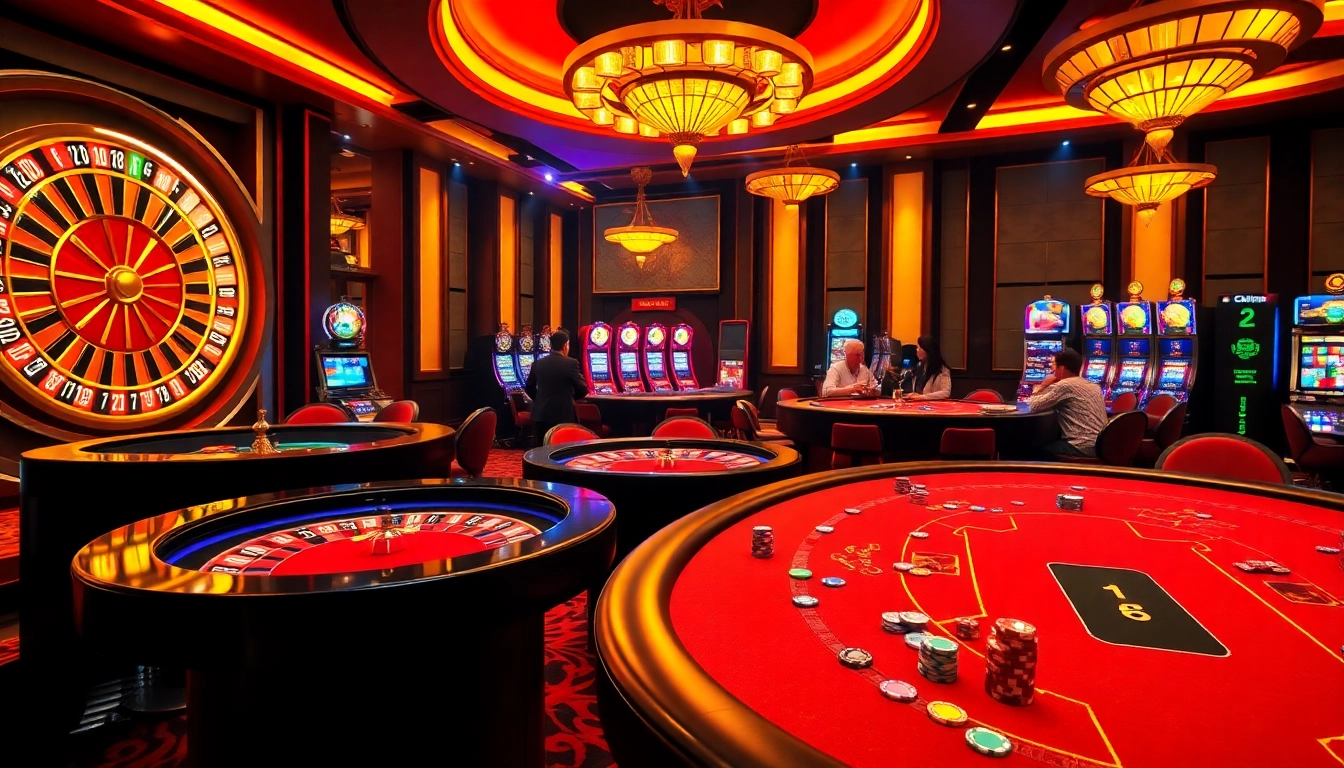 Exciting online gambling scene at https://j88com.live/ with roulette, poker, and vibrant slot machines.