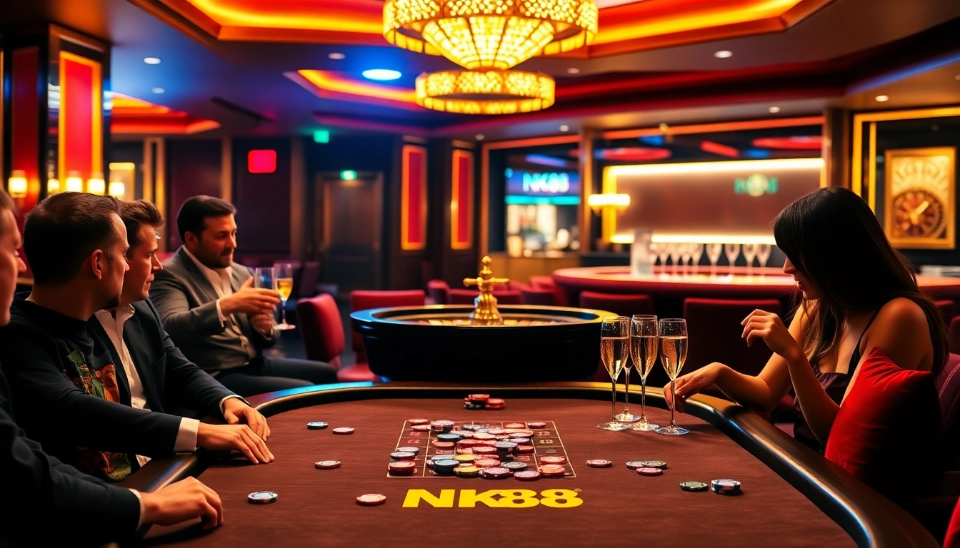 Players enjoying a thrilling game at the NK88 casino table, capturing vibrant excitement and luxury.