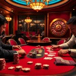 A thrilling poker game scene at QQMacan showcasing high-stakes action with vibrant colors and luxurious ambiance.