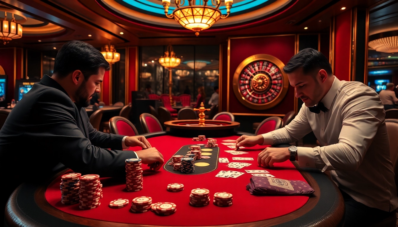 A thrilling poker game scene at QQMacan showcasing high-stakes action with vibrant colors and luxurious ambiance.