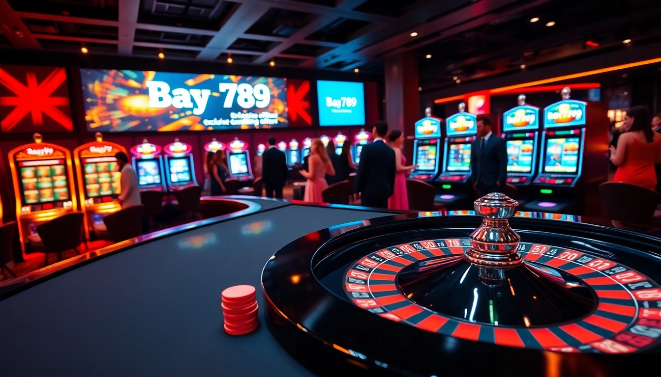 Bay789 players engaging in thrilling casino games at a luxurious table setting with vibrant lights.