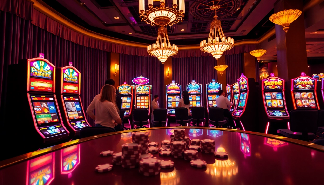 Exciting gambling experience at QQMacan featuring vibrant slot machines and gaming tables.