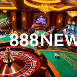 Engaging casino action at 888NEW with poker chips, roulette, and vibrant slot machines.