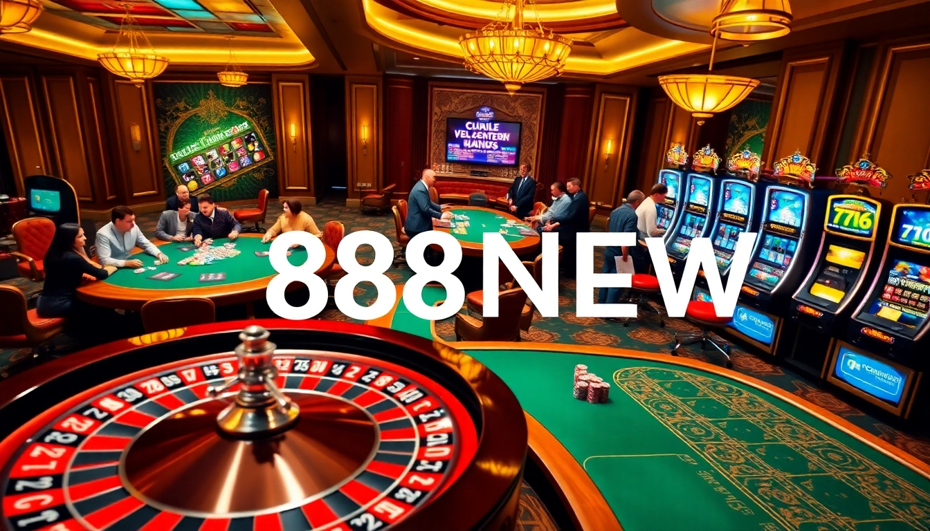 Engaging casino action at 888NEW with poker chips, roulette, and vibrant slot machines.