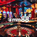 Engaging players enjoying games at mm88 casino with roulette table and slot machines.