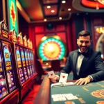 Thrilling slot gacor action at a luxurious casino featuring winning players and vibrant slot machines.