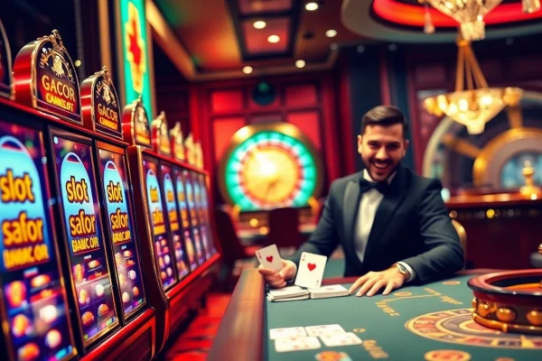 Thrilling slot gacor action at a luxurious casino featuring winning players and vibrant slot machines.
