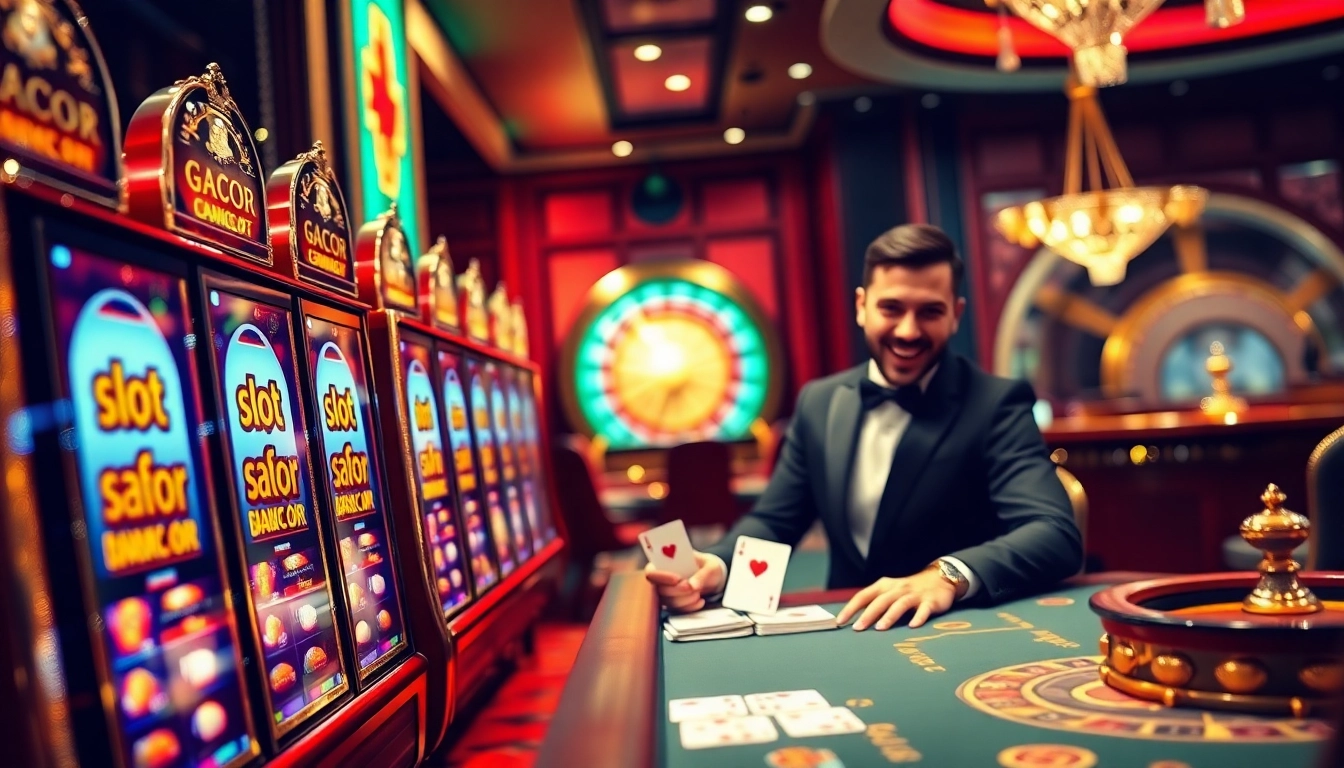 Thrilling slot gacor action at a luxurious casino featuring winning players and vibrant slot machines.