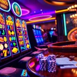 Excited players spinning slots and winning at luxury casino machines.