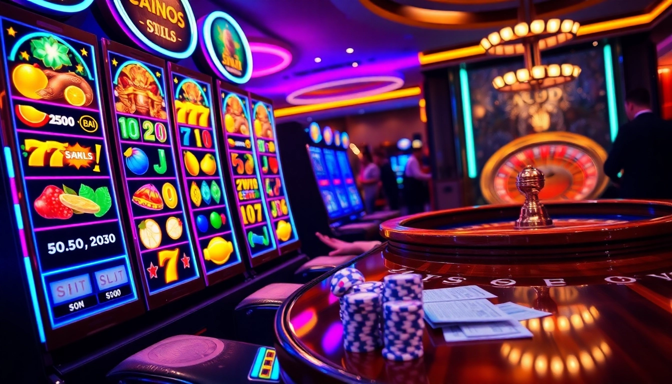 Excited players spinning slots and winning at luxury casino machines.