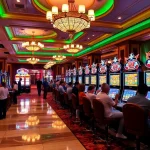 Players celebrating wins at vibrant slot gacor machines in a luxury casino.