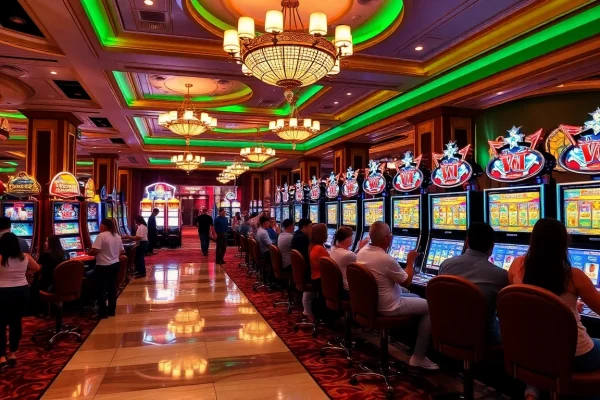 Players celebrating wins at vibrant slot gacor machines in a luxury casino.