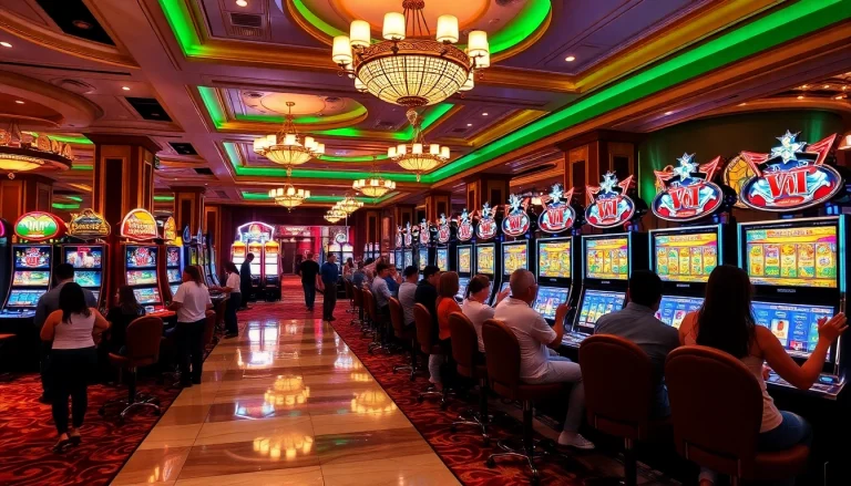 Players celebrating wins at vibrant slot gacor machines in a luxury casino.