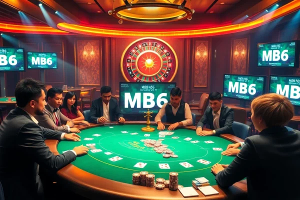Experience the thrill of MB66 at an exciting casino poker game with vibrant chips and cards.
