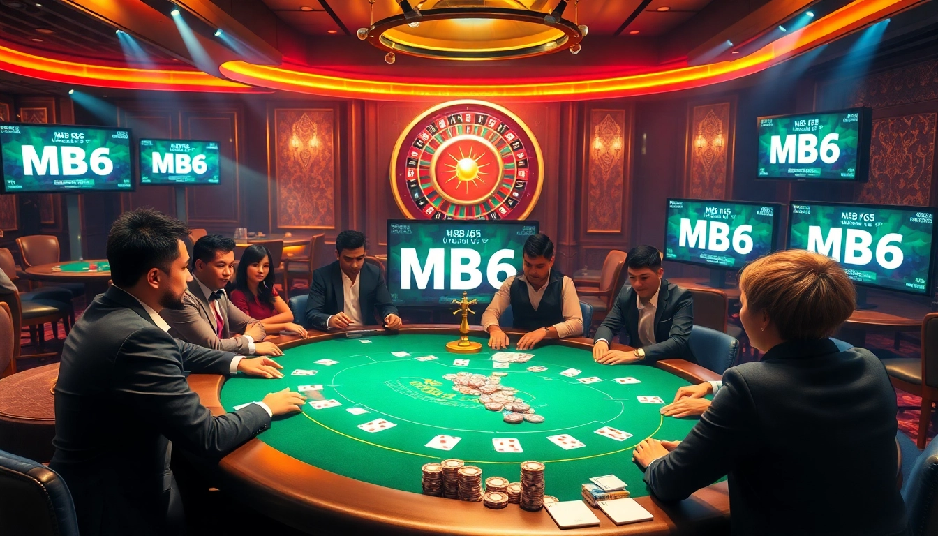 Experience the thrill of MB66 at an exciting casino poker game with vibrant chips and cards.