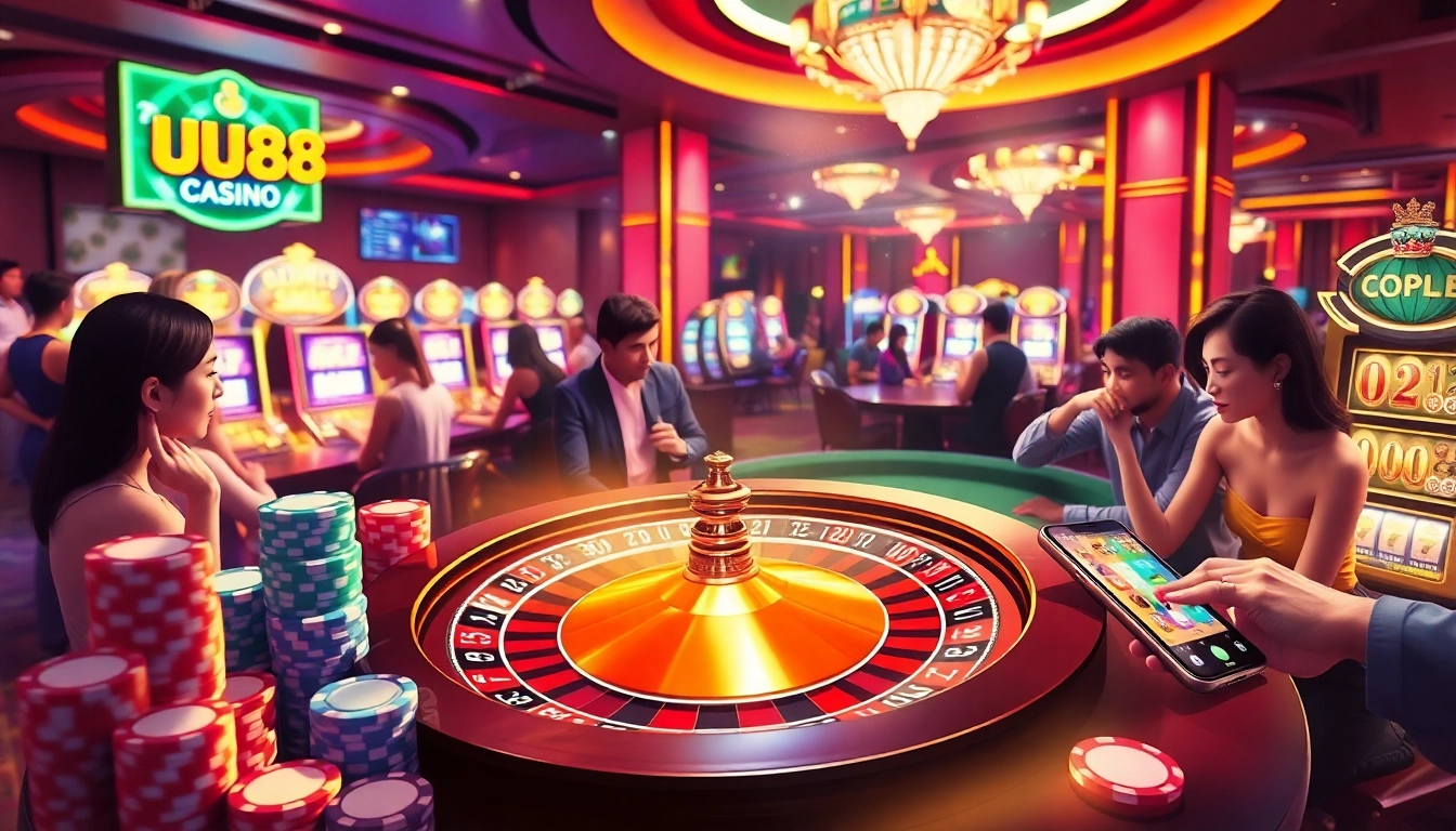 A lively casino scene featuring UU88's roulette wheel and engaging players, highlighting online gambling excitement.