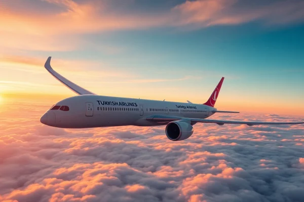 Turkish Airlines flight TK88 soaring over clouds during sunset