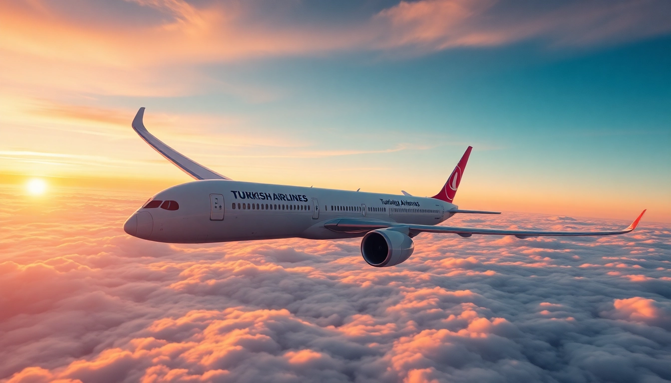 Turkish Airlines flight TK88 soaring over clouds during sunset