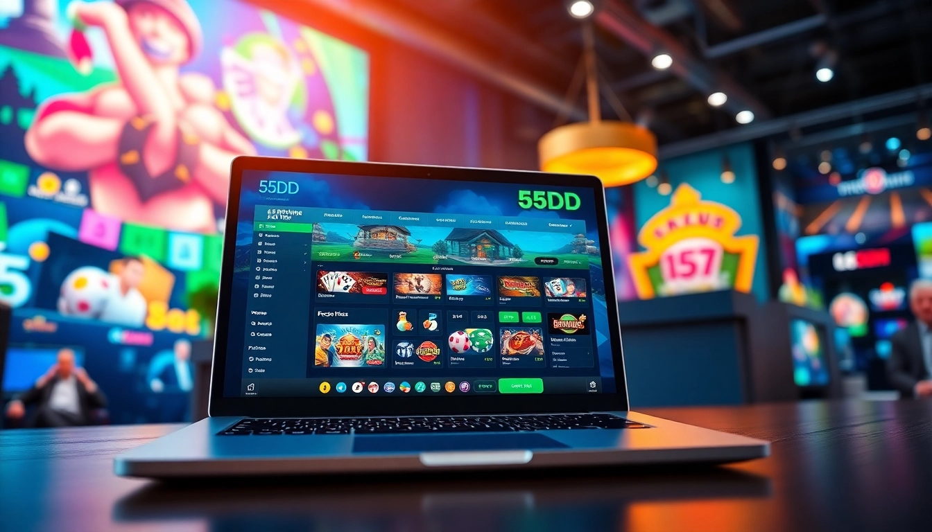 Experience the engaging 55DD online betting platform interface displaying diverse games on a laptop.