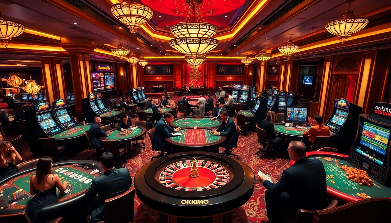 Engage with the Okking casino experience showcased through vibrant gaming tables and luxurious decor.