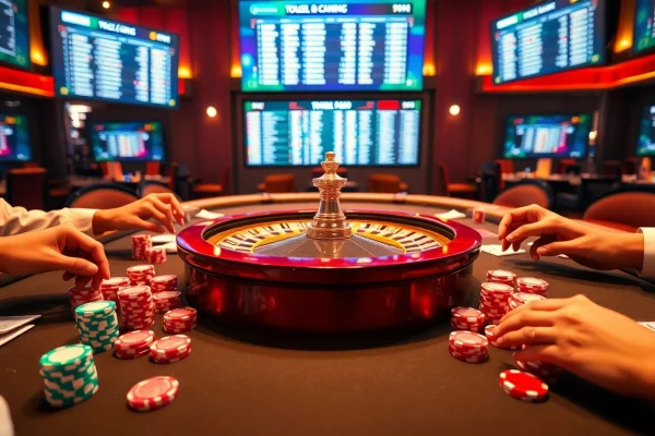 Engaging casino scene featuring togel china results and vibrant poker chips at a luxury table.