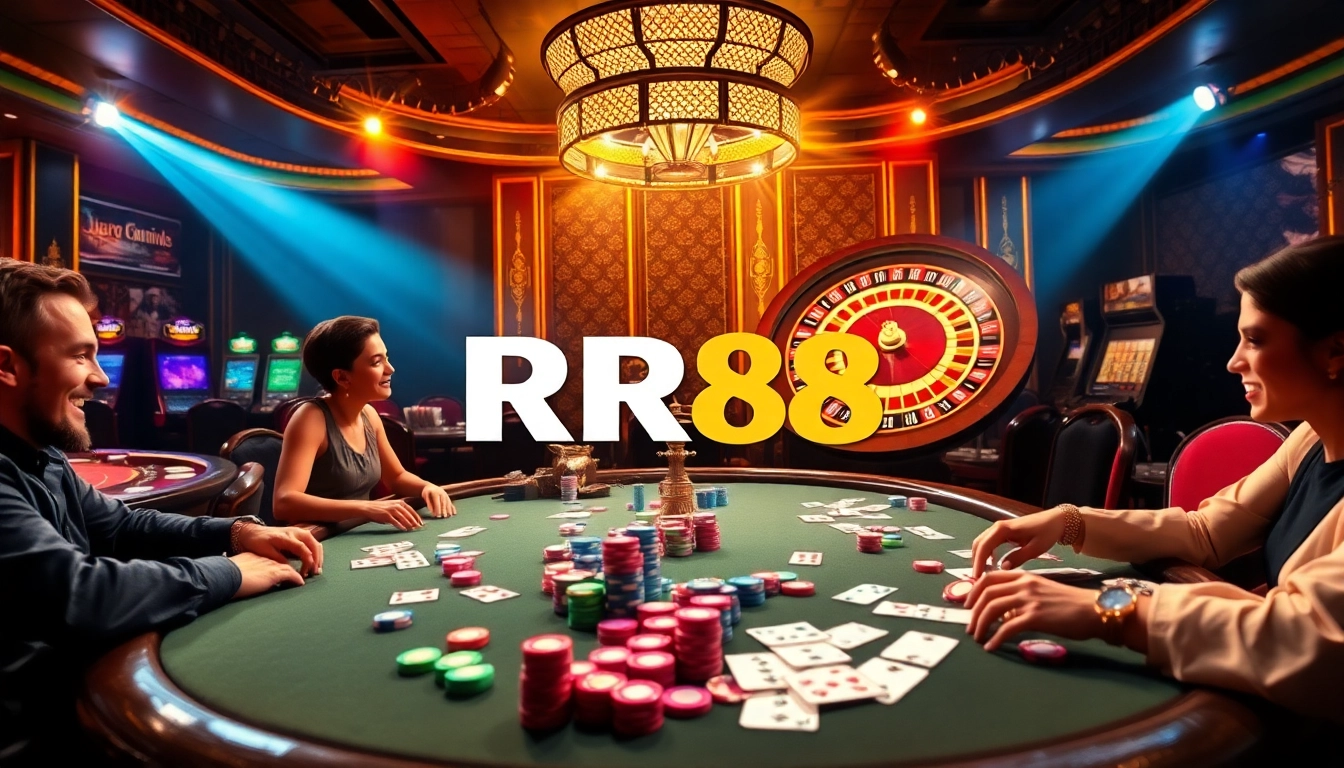Gambler enjoying an exciting game at RR88 casino with vibrant poker chips and cards.