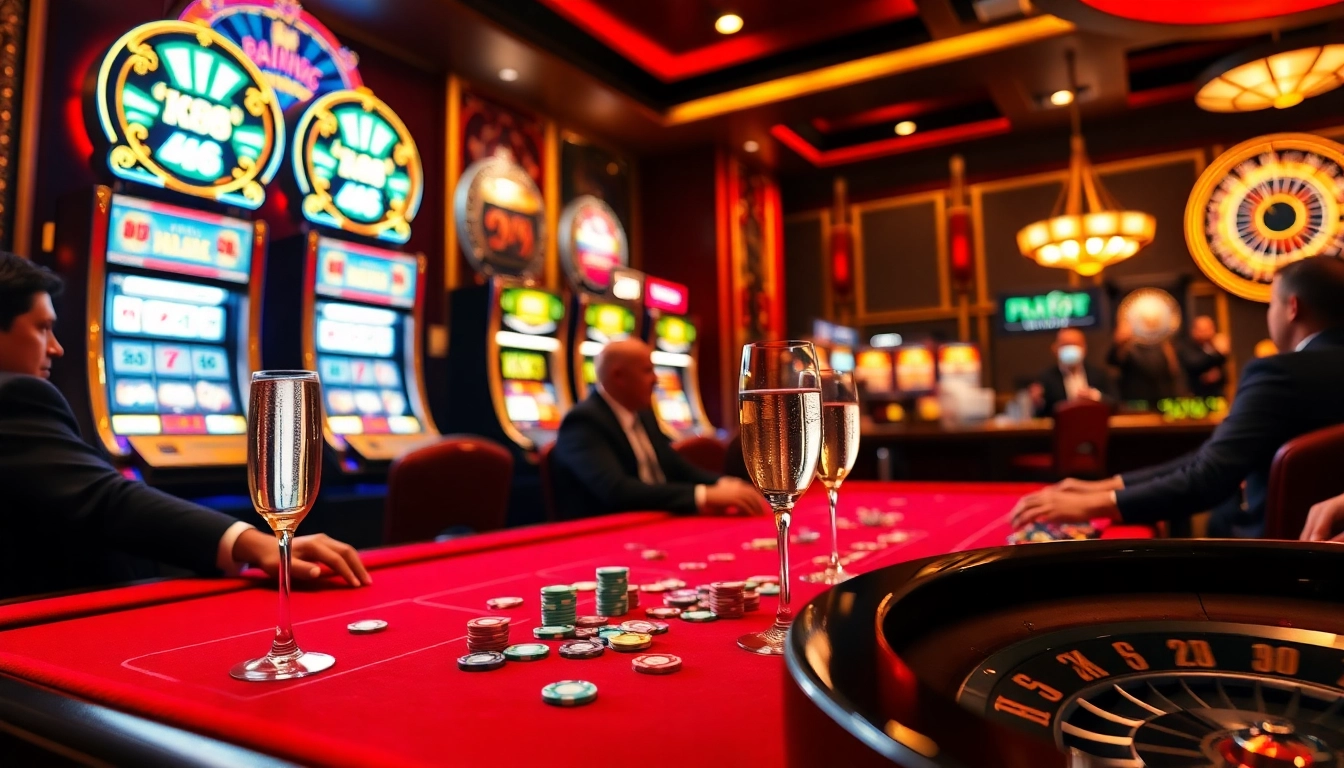 K88 casino players enjoying a lively poker game with luxurious tables and colorful chips.