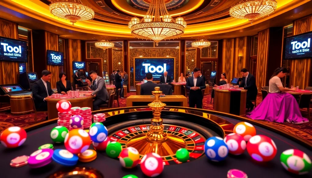 Engage with Tool xổ số siêu tốc at a glamorous casino lottery table, vibrant and full of action.