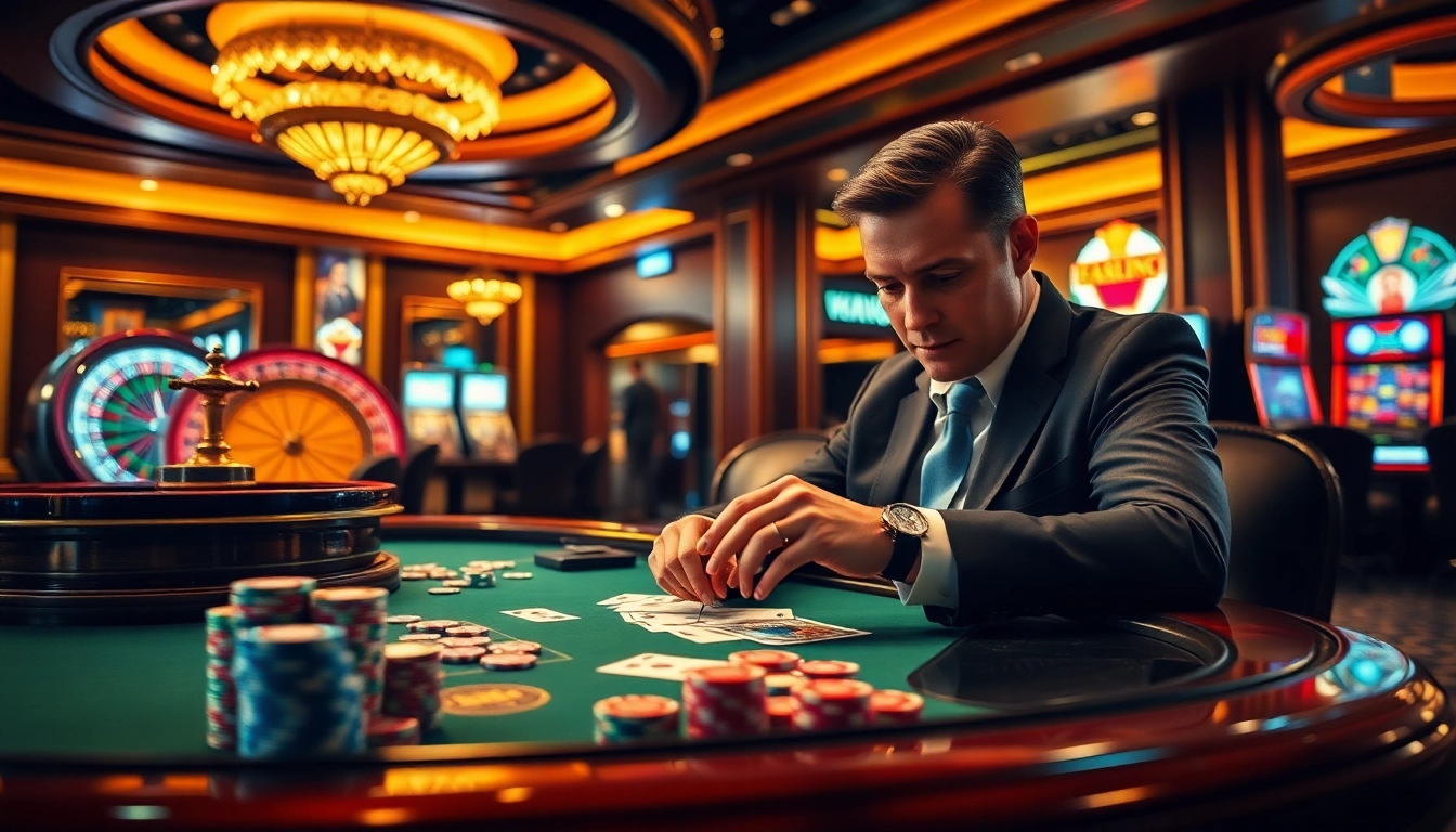 High-stakes poker game at 13win casino with vibrant chips and cards reflecting luxury.