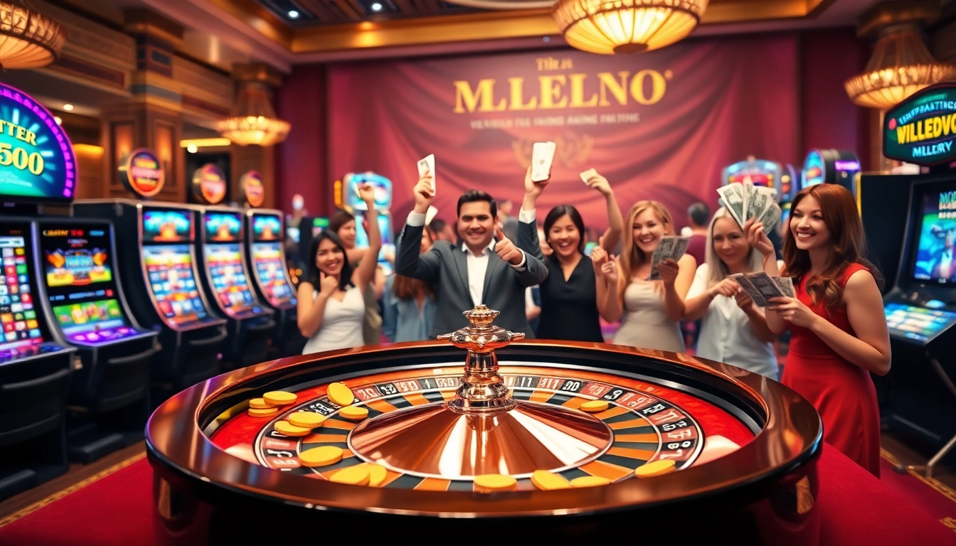 An exciting casino scene celebrating the explosion of a prize-winning lottery with joyous players and vibrant slot machines.