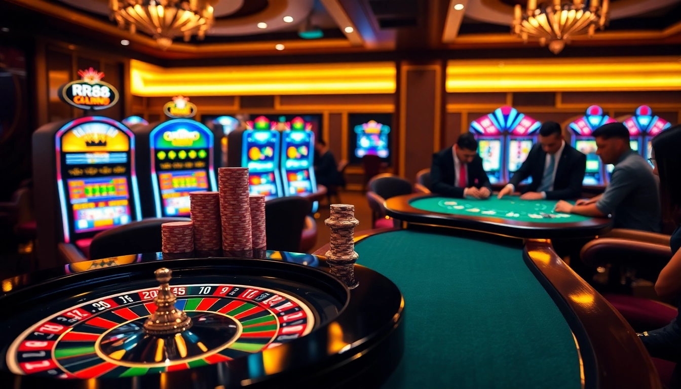 Experience the excitement of RR88 at a glamorous casino with roulette, poker, and slot machines.