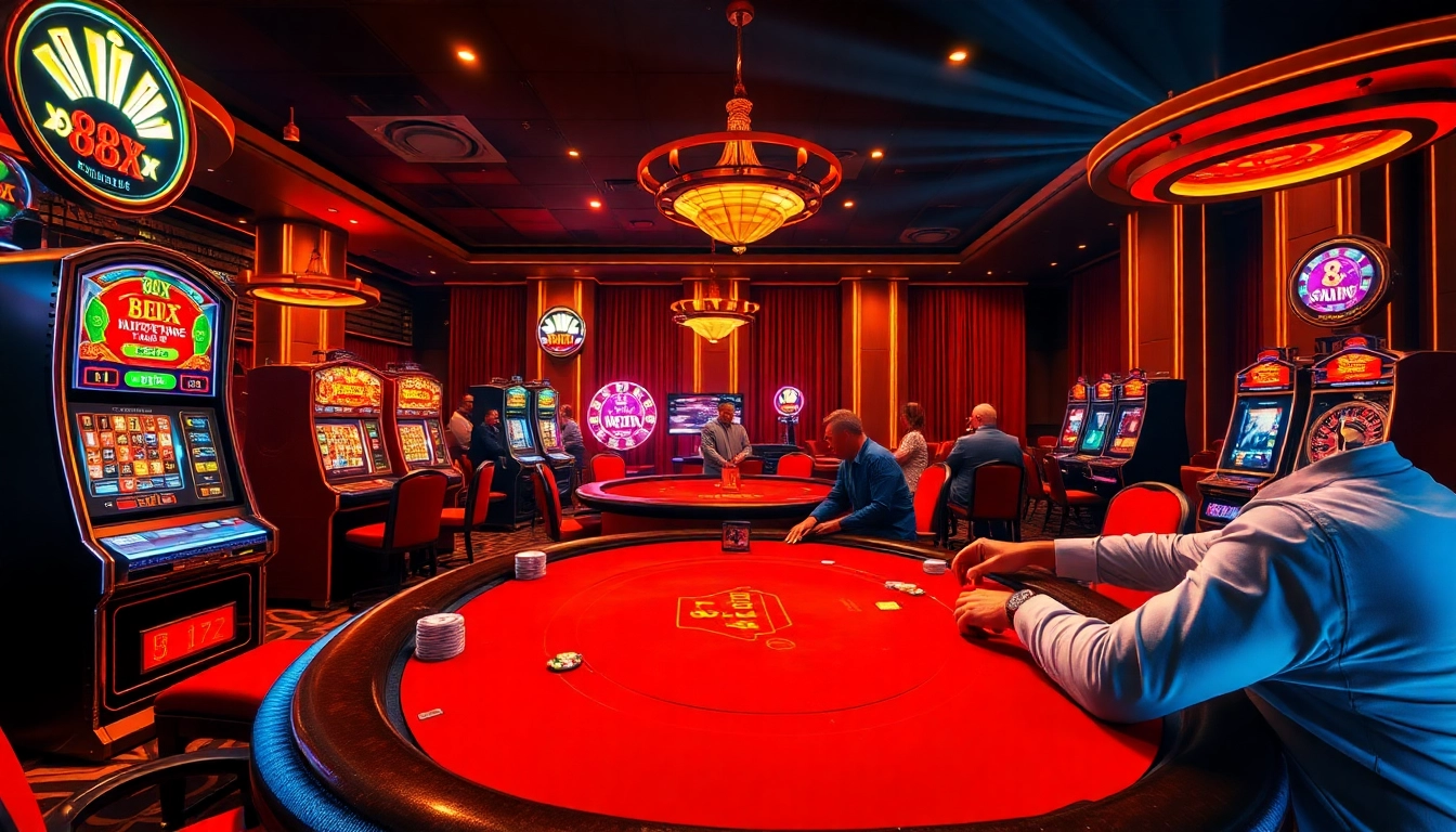 Players enjoying high-stakes poker at a luxurious casino while interacting with 8xx promotional offers.