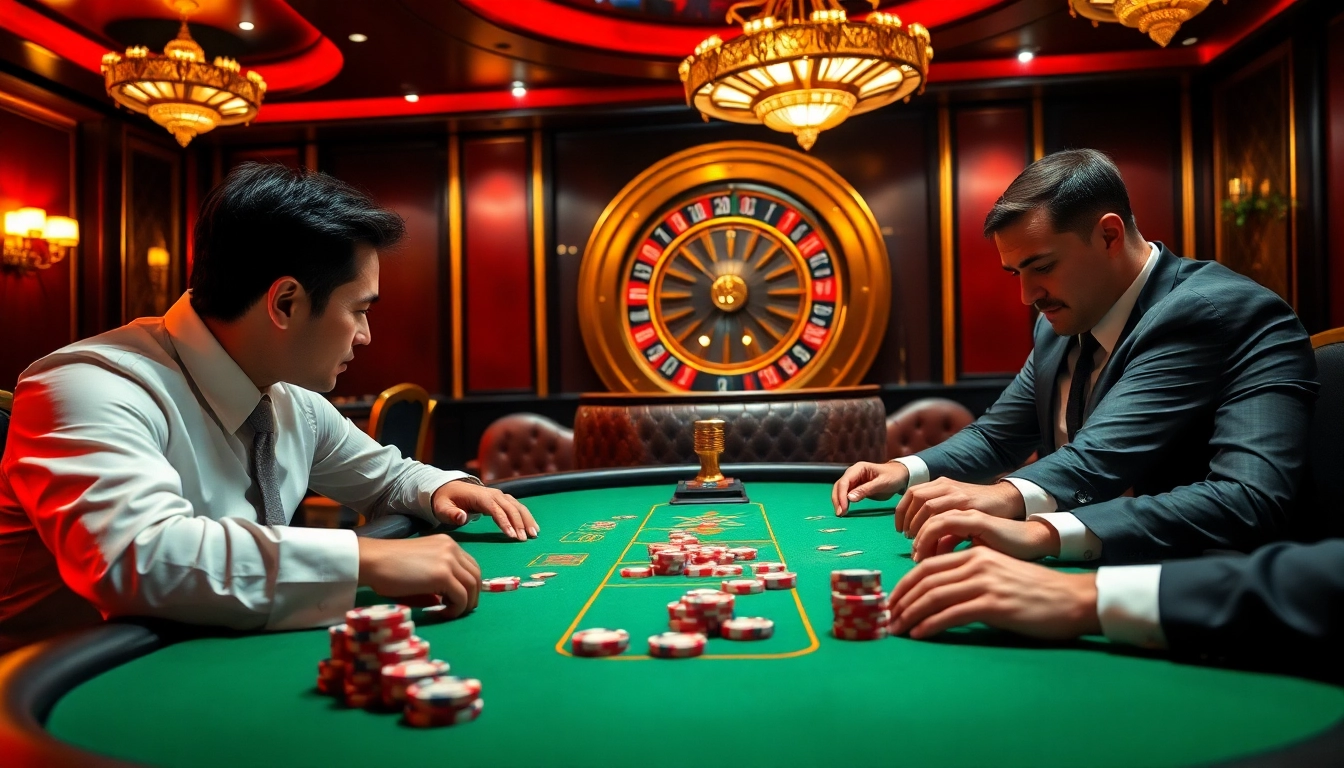 Exciting poker scene demonstrating skill at trang chủ xx88 casino, featuring vibrant chips and players.