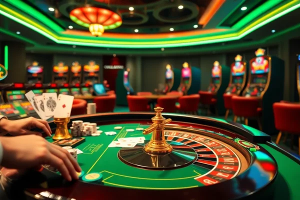 Immersive view of kèo nhà cái gambling excitement at a luxurious casino table with cards and chips.