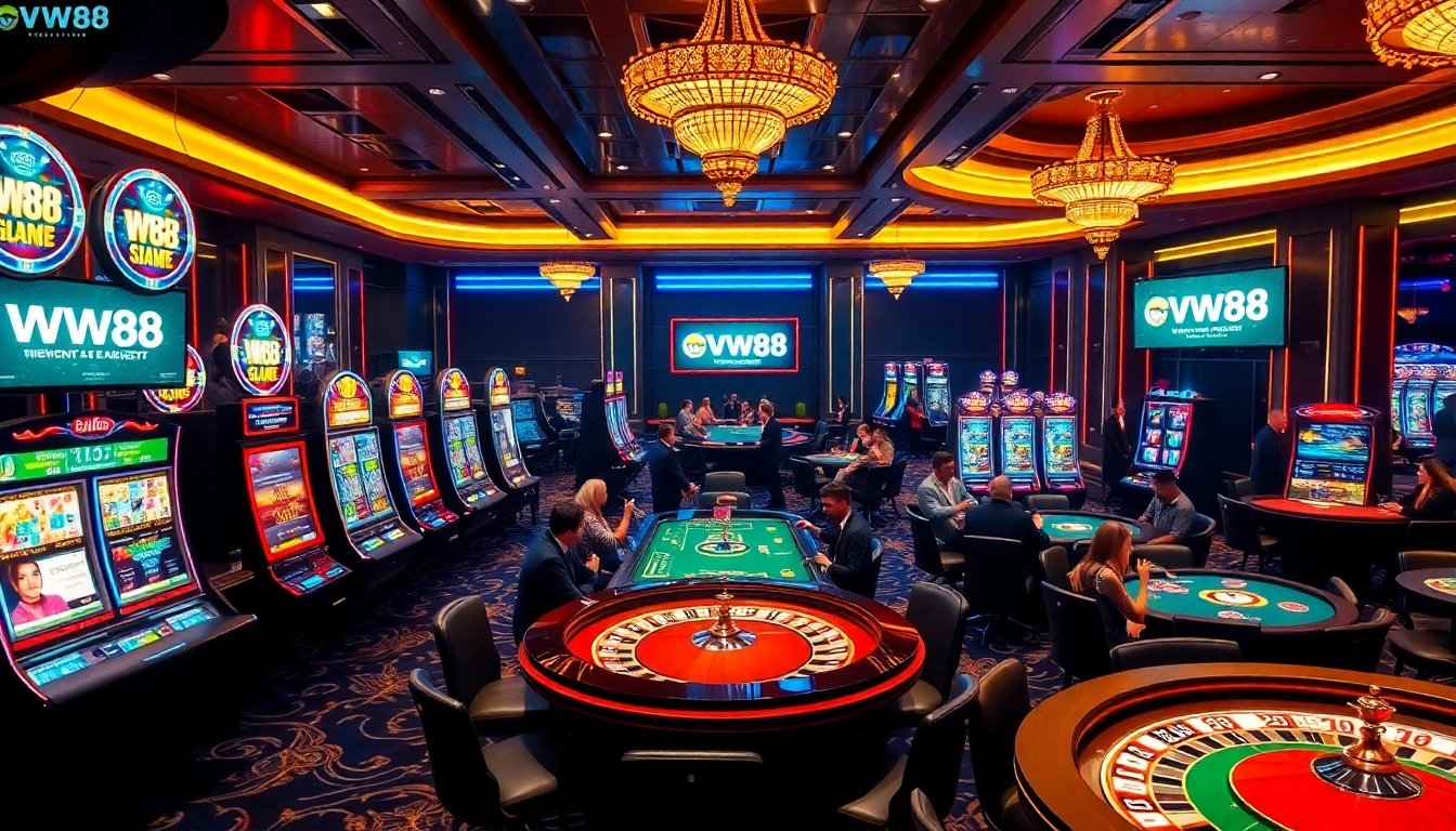 Players enjoying games at the luxurious WW88 casino, with vibrant slot machines and roulette tables.