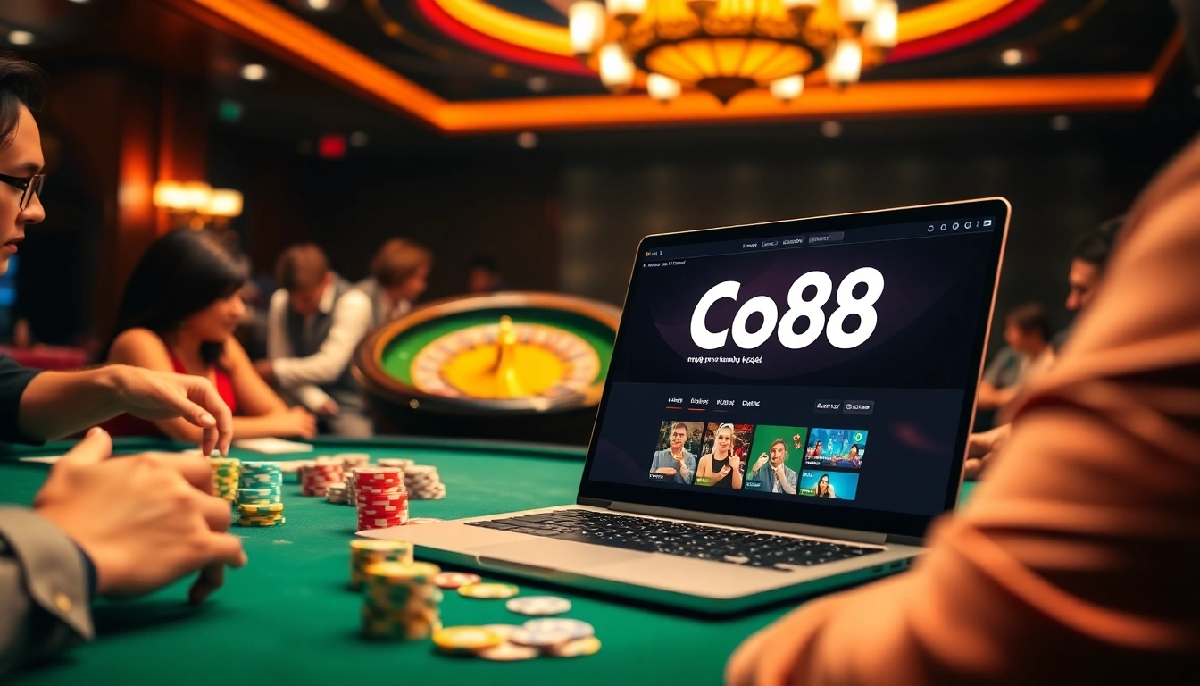 Players enjoying a vibrant Co88 online casino experience with poker chips and roulette.