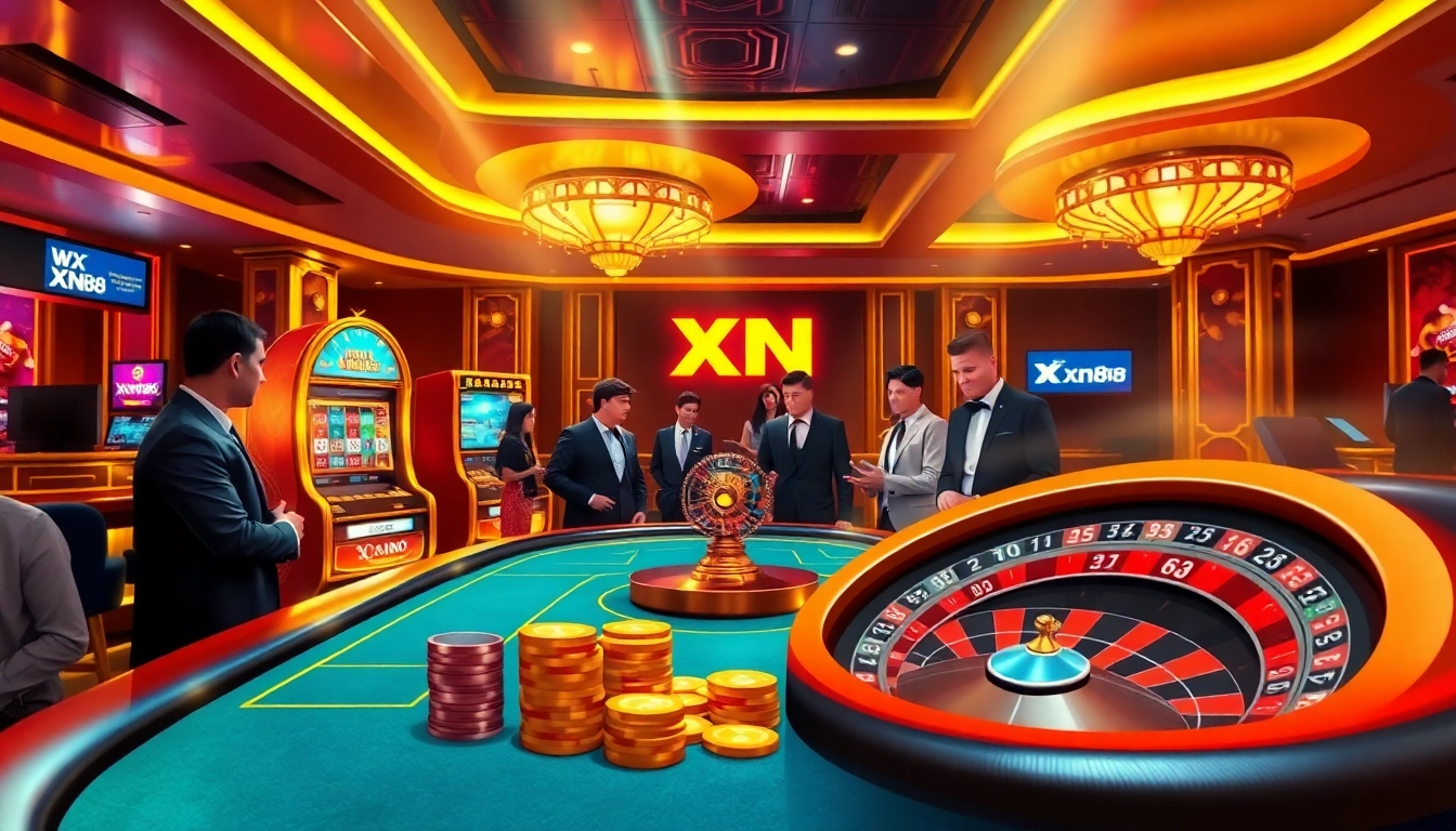 Experience the thrill of gambling at xn88 xn 88 with a vibrant casino scene showcasing poker and slot machines.