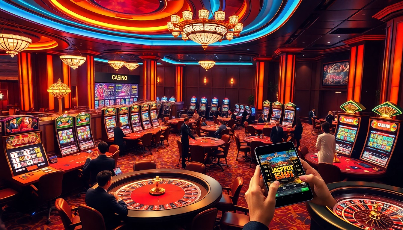 Nohu900.in.net features a luxury casino ambiance with players engaging at poker tables and slot machines.