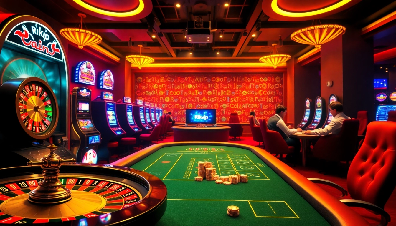 Rikvip players enjoying a dynamic casino environment with poker chips and a roulette wheel.