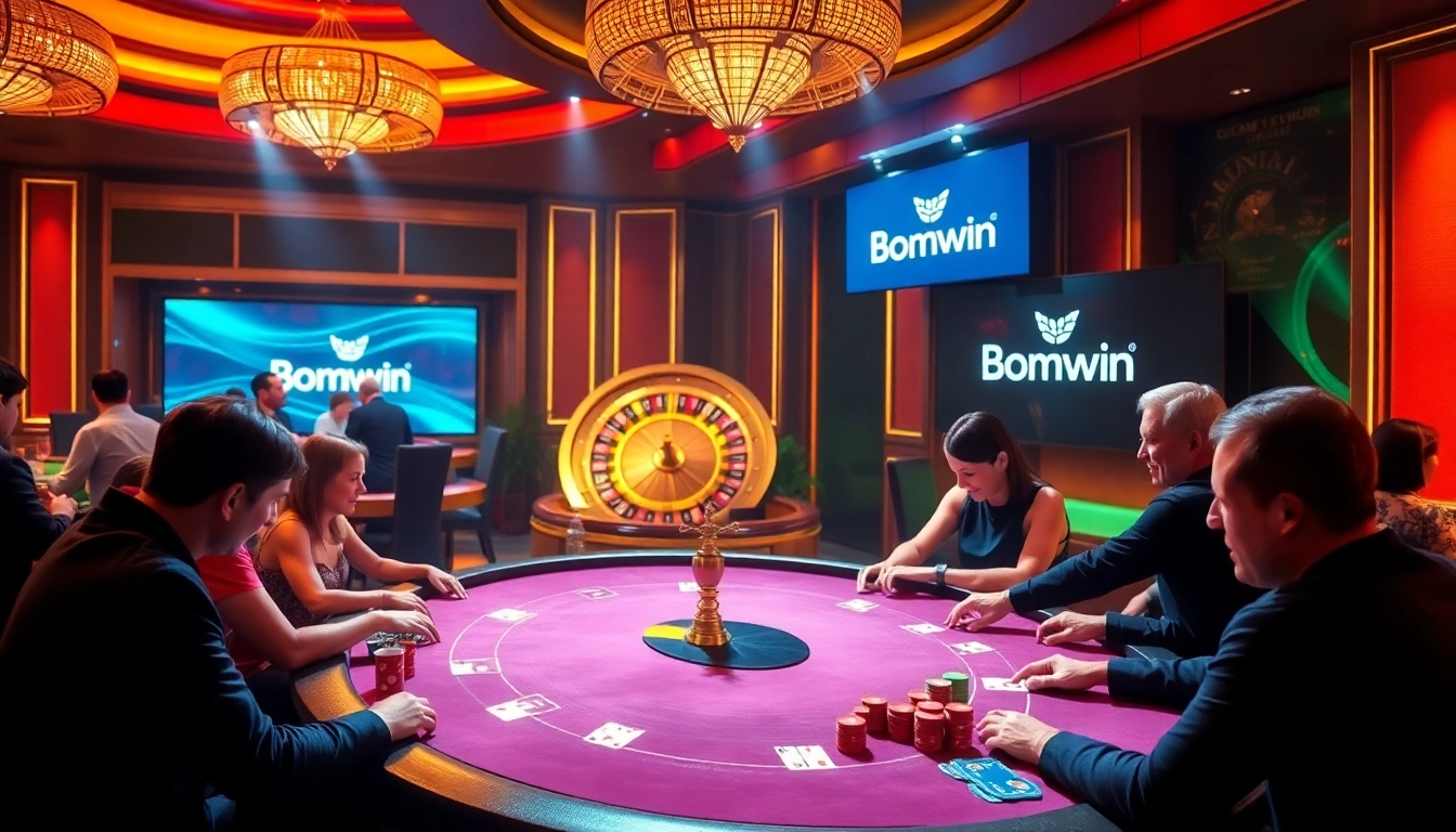 Engage in a thrilling Bomwin poker game at a luxurious casino table with vibrant chips and cards.