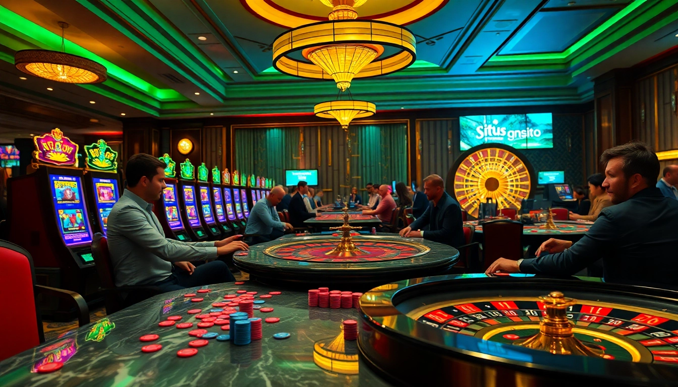 Experience situs toto excitement with a vibrant casino scene showcasing slot machines and engaging players.