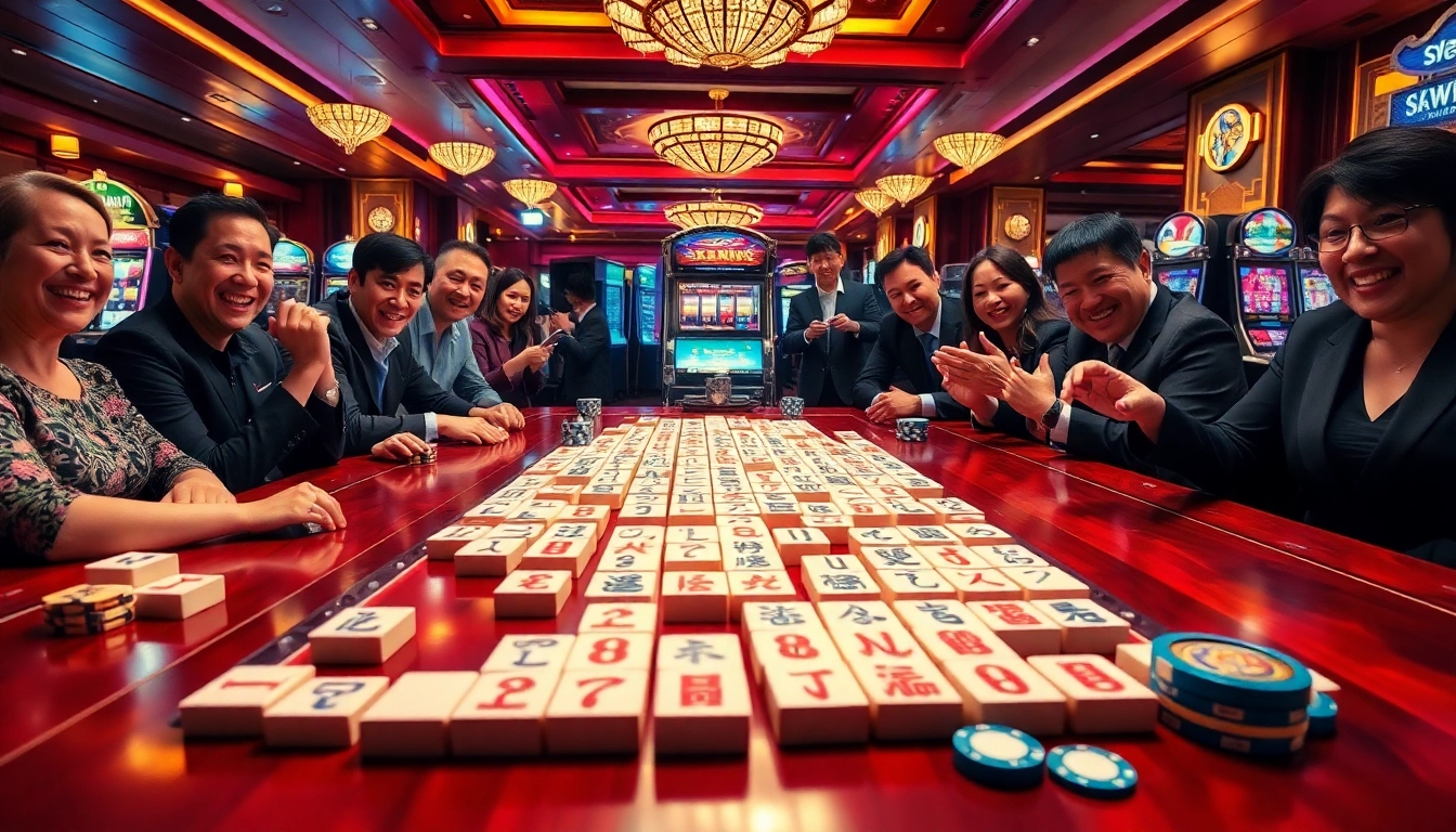Kegembiraan Mahjong tertangkap dalam adegan kasino yang hidup, menampilkan pemain dan ubin Mahjong.
