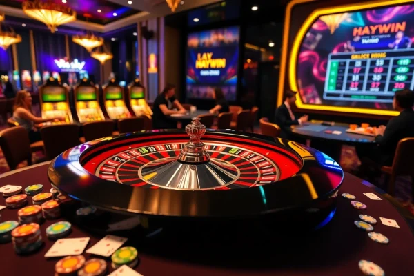 HAYWIN casino scene showcasing vibrant roulette and poker players amidst luxury surroundings.