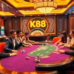 K88 casino scene with lively poker players at a vibrant table, showcasing the excitement of gambling.